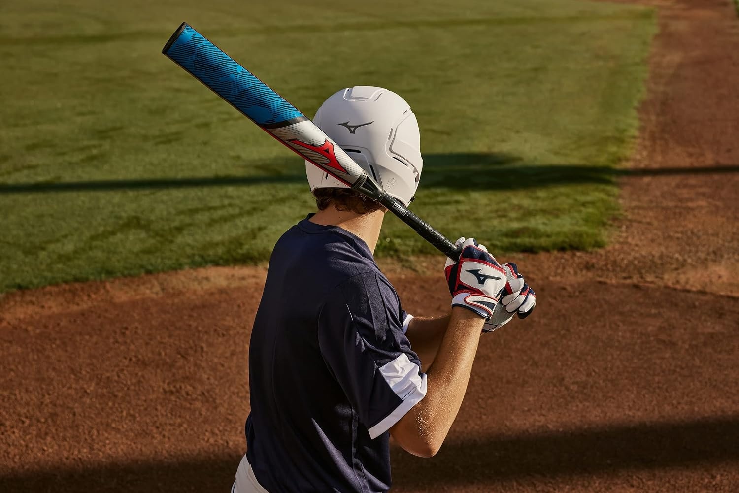 image:imageMizuno B303 Baseball Batting Gloves Pair Adult and Youth Full Grain Leather Palm AirMesh Inserts QuikAdjust Wrist TabNavyRed