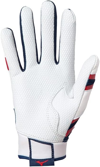 image:imageMizuno B303 Baseball Batting Gloves Pair Adult and Youth Full Grain Leather Palm AirMesh Inserts QuikAdjust Wrist TabNavyRed