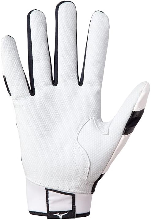 image:imageMizuno B303 Baseball Batting Gloves Pair Adult and Youth Full Grain Leather Palm AirMesh Inserts QuikAdjust Wrist TabWhiteBlack