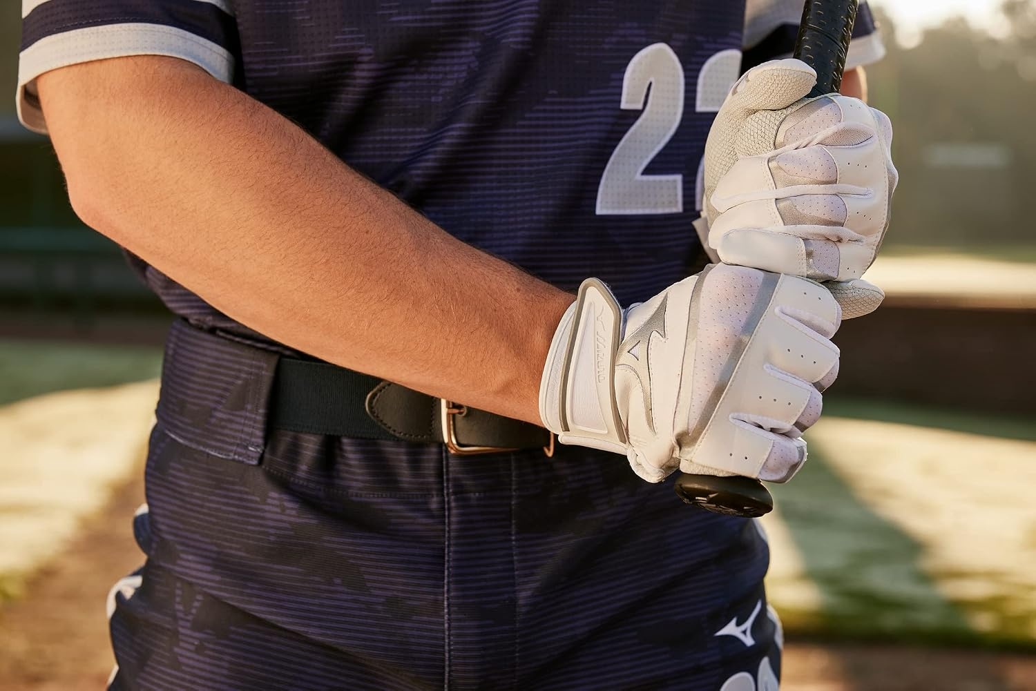 image:imageMizuno B303 Baseball Batting Gloves Pair Adult and Youth Full Grain Leather Palm AirMesh Inserts QuikAdjust Wrist TabWhiteBlack