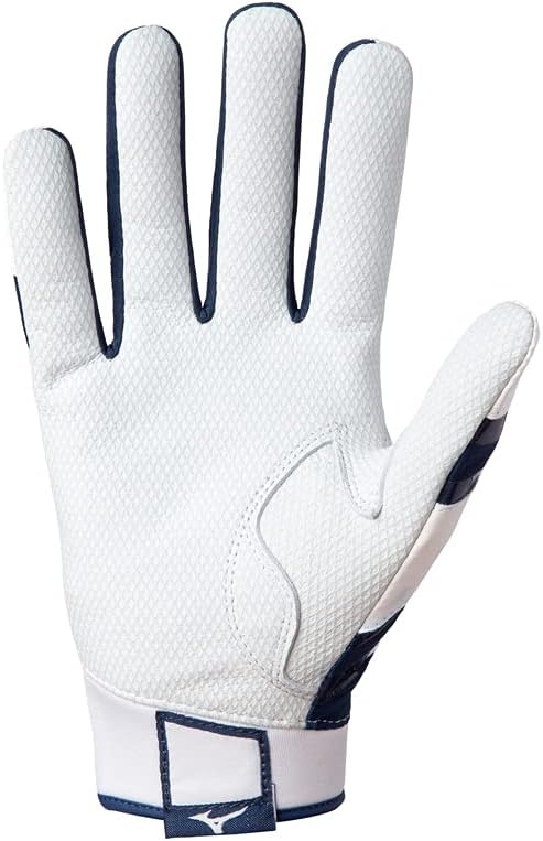 image:imageMizuno B303 Baseball Batting Gloves Pair Adult and Youth Full Grain Leather Palm AirMesh Inserts QuikAdjust Wrist TabWhiteNavy