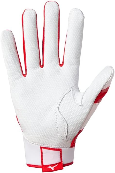 image:imageMizuno B303 Baseball Batting Gloves Pair Adult and Youth Full Grain Leather Palm AirMesh Inserts QuikAdjust Wrist TabWhiteRed