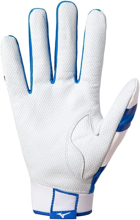 image:imageMizuno B303 Baseball Batting Gloves Pair Adult and Youth Full Grain Leather Palm AirMesh Inserts QuikAdjust Wrist TabWhiteRoyal