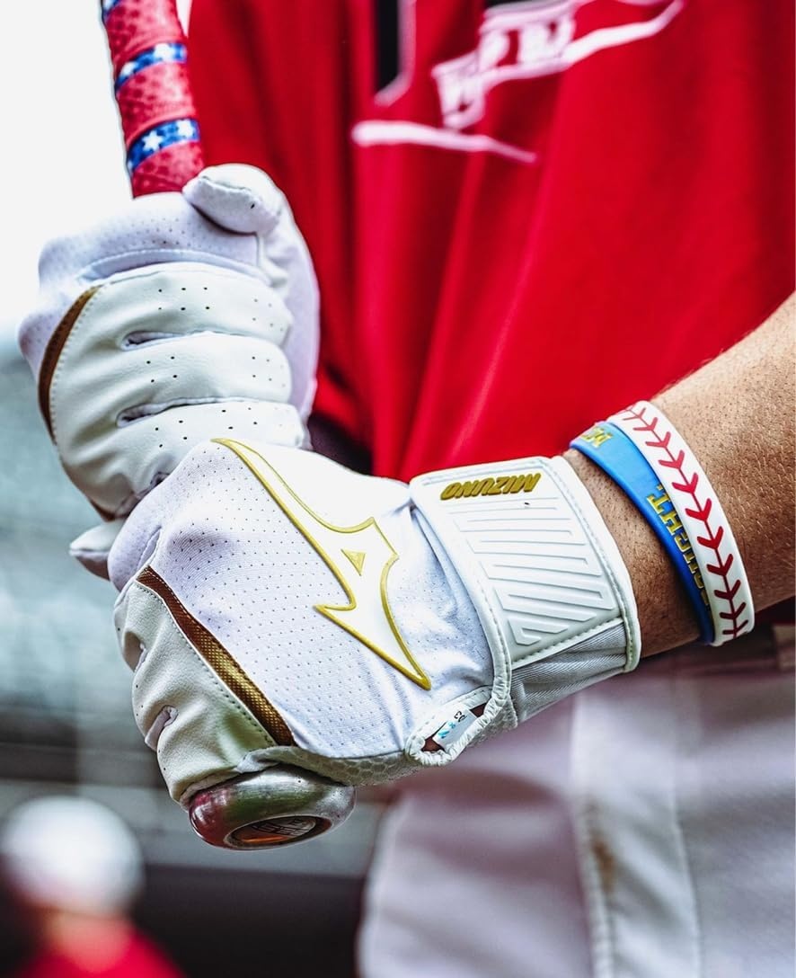 image:imageMizuno MVP Adult Baseball Batting Gloves Pair Adult Youth and TBall Nonslip Palm FlexMesh Back QuikAdjust Wrist TabWhiteGold