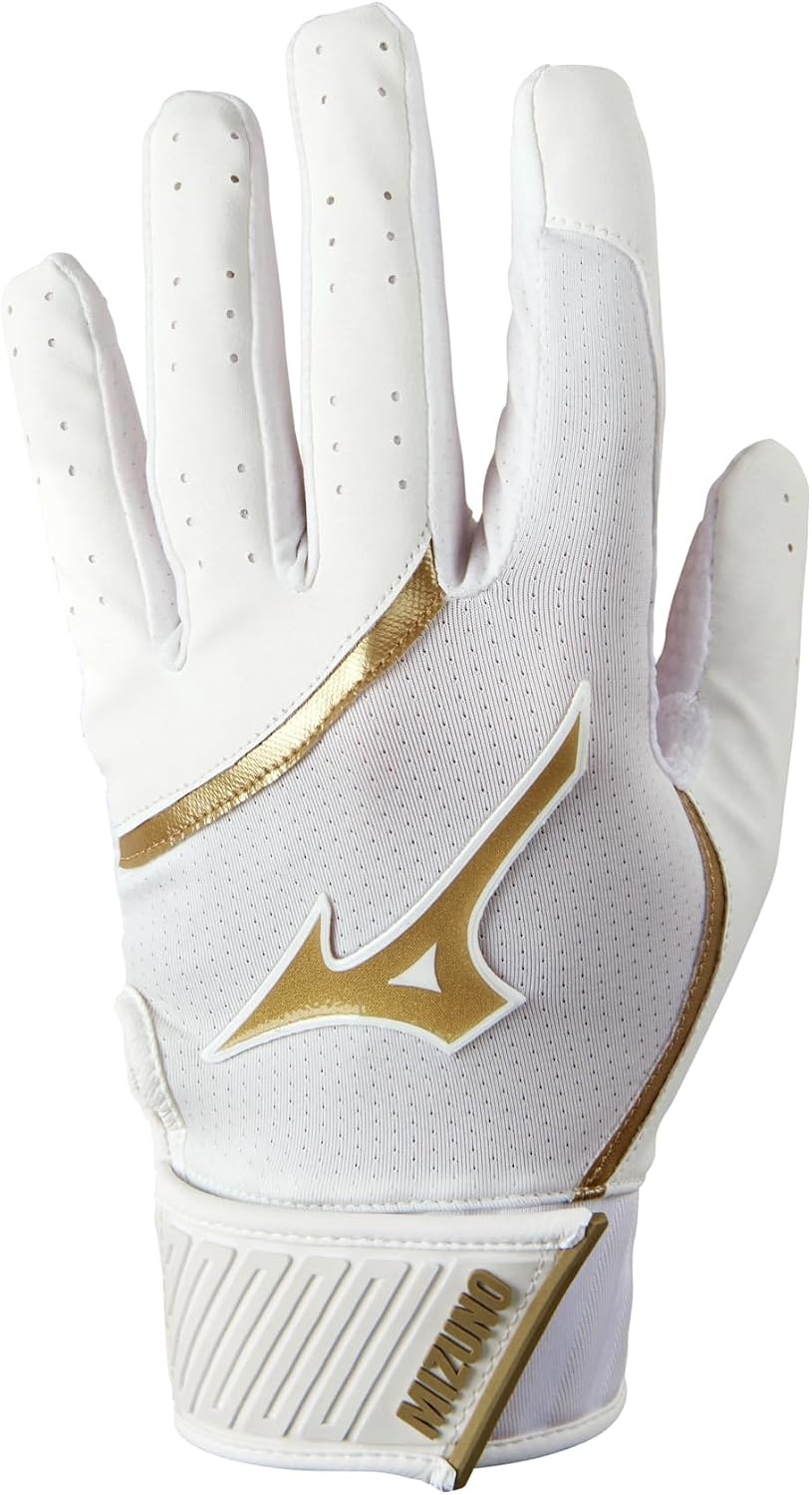 image:imageMizuno MVP Adult Baseball Batting Gloves Pair Adult Youth and TBall Nonslip Palm FlexMesh Back QuikAdjust Wrist TabWhiteGold