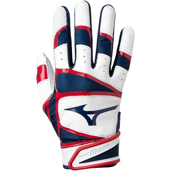 image:imageMizuno B303 Baseball Batting Gloves Pair Adult and Youth Full Grain Leather Palm AirMesh Inserts QuikAdjust Wrist TabNavyRed