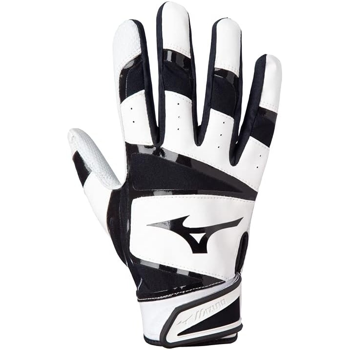 image:imageMizuno B303 Baseball Batting Gloves Pair Adult and Youth Full Grain Leather Palm AirMesh Inserts QuikAdjust Wrist TabWhiteBlack