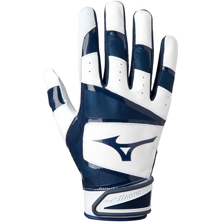 image:imageMizuno B303 Baseball Batting Gloves Pair Adult and Youth Full Grain Leather Palm AirMesh Inserts QuikAdjust Wrist TabWhiteNavy