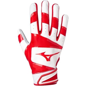 Mizuno B-303 Baseball Batting Gloves | Pair | Adult and Youth | Full Grain Leather Palm | AirMesh Inserts | QuikAdjust Wrist Tab(White/Red)