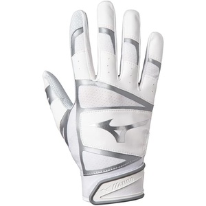 Mizuno B-303 Baseball Batting Gloves | Pair | Adult and Youth | Full Grain Leather Palm | AirMesh Inserts | QuikAdjust Wrist Tab(White/Silver)