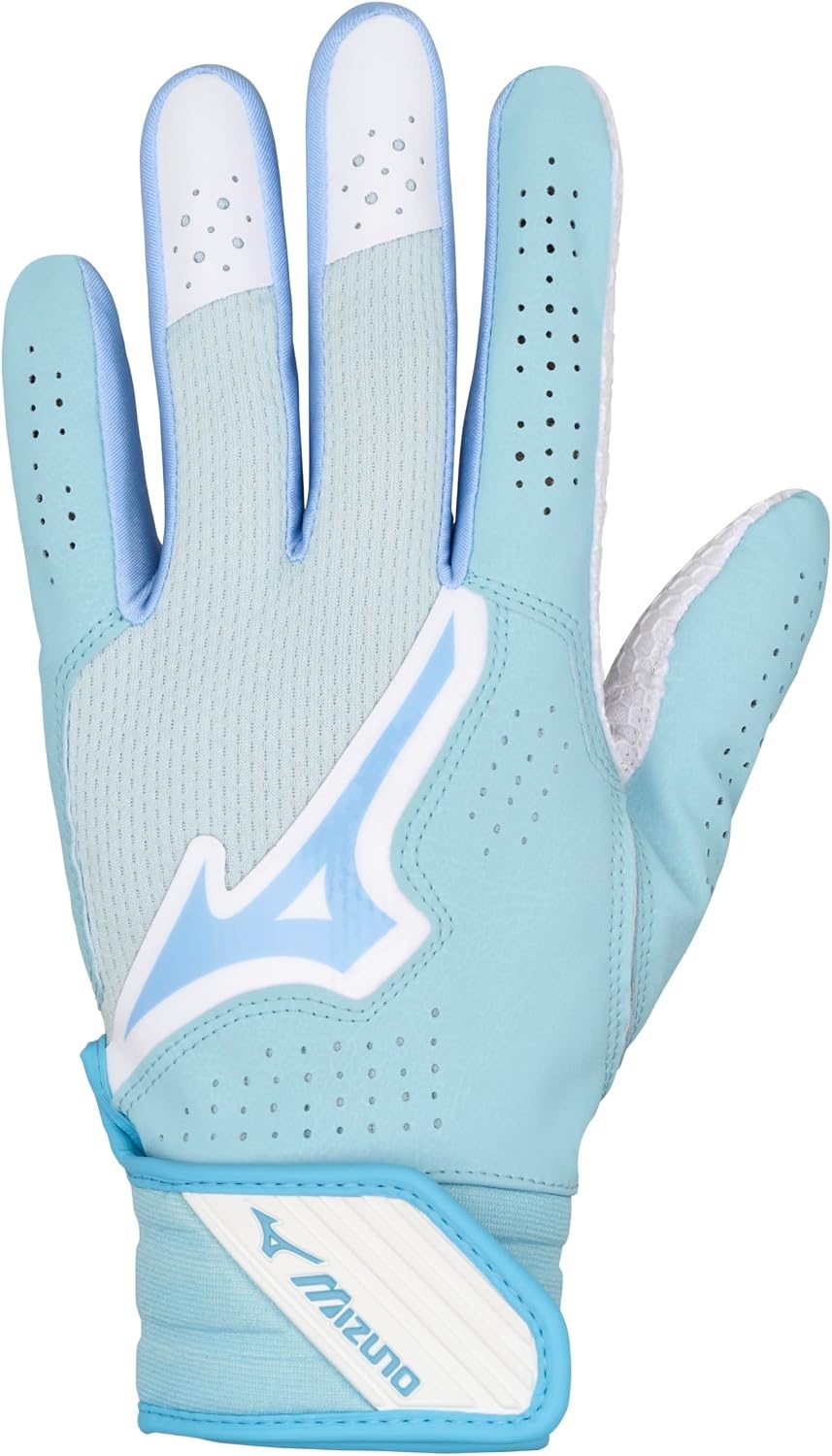 image:imageMizuno Finch Softball Padded Batting Gloves Pair Adult and Youth Nonslip Palm Padded ShockPalm FlexMesh Back QuikAdjust Wrist TabLight Blue