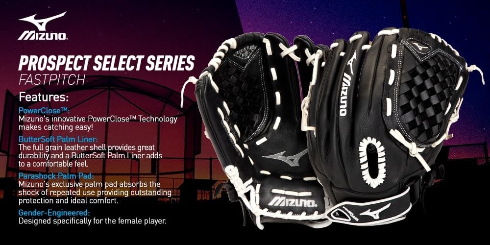 image:imageMizuno Prospect Select Fastpitch Softball Glove Series Full Grain Leather Female Specific Patterns Buttersoft Palm LinerBlackWhite Catchers Mitt
